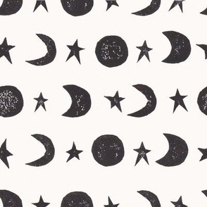 Block Print Moon and Stars in White and Black