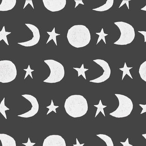 Block Print Moon and Stars in Black and White