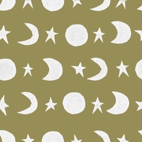 Block Print Moon and Stars in Yellow and White