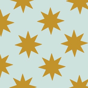 spring garden dark mustard yellow on light blue petal sea glass suns eight-pointed stars
