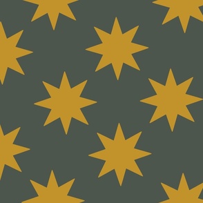 spring garden dark mustard yellow on dark sage green suns eight-pointed stars