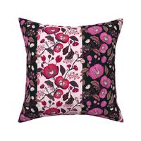 Arts and Crafts Floral Stripe in Rose and Raspberry on Pink and Black