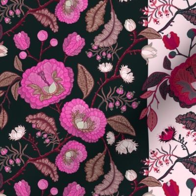 Arts and Crafts Floral Stripe in Rose and Raspberry on Pink and Black