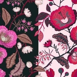 Arts and Crafts Floral Stripe in Rose and Raspberry on Pink and Black