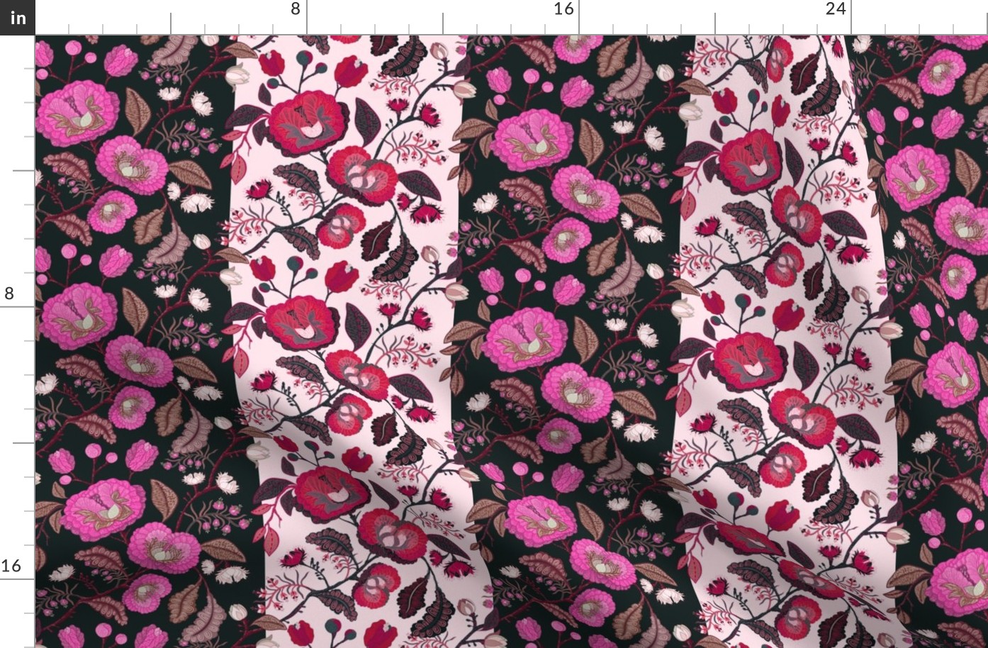 Arts and Crafts Floral Stripe in Rose and Raspberry on Pink and Black