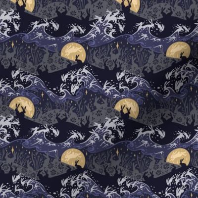 4.2" // small scale // Night of the Rabbits // rabbit, hare, bunny, night, landscape, wave, whimsical, yearoftherabbit2023dc, blue, grey, gold, cream, navy, yellow