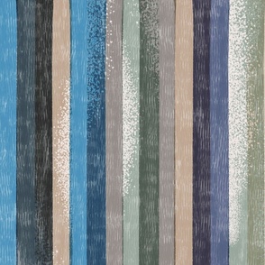 large scale Loose Geometric multicoloured rustic vertical stripe / Blue and Taupe colorway