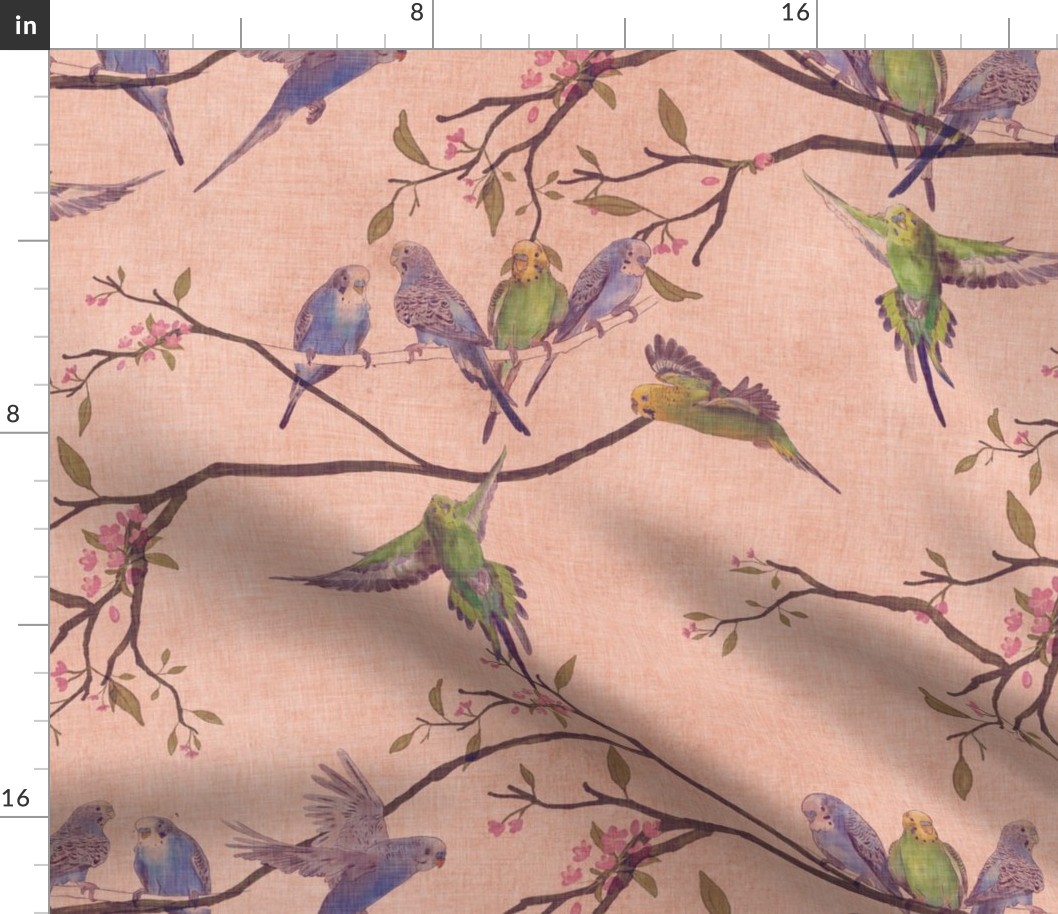 A chinoiserie style design of green, blue and yellow budgie parakeets on a vintage linen texture