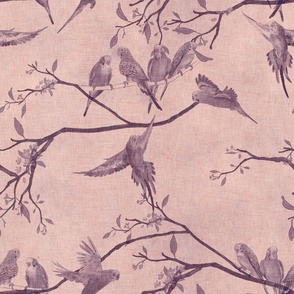 A chinoiserie style design of monochrome mauve budgie parakeets on a vintage linen texture