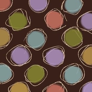 (S-M) Retro Colors Doodle Circles on Dark Brown