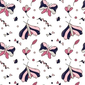 Insects Butterflies and twigs with simple flowers. Pink blue baby illustration on white background