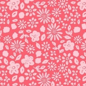 Valentine's Day floral in bright pink on red - SMALL SCALE