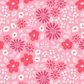 Valentine's Day floral in red, pink, cerise on bubble gum pink - SMALL SCALE