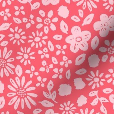 Valentine's Day floral in bright pink on red -MEDIUM SCALE