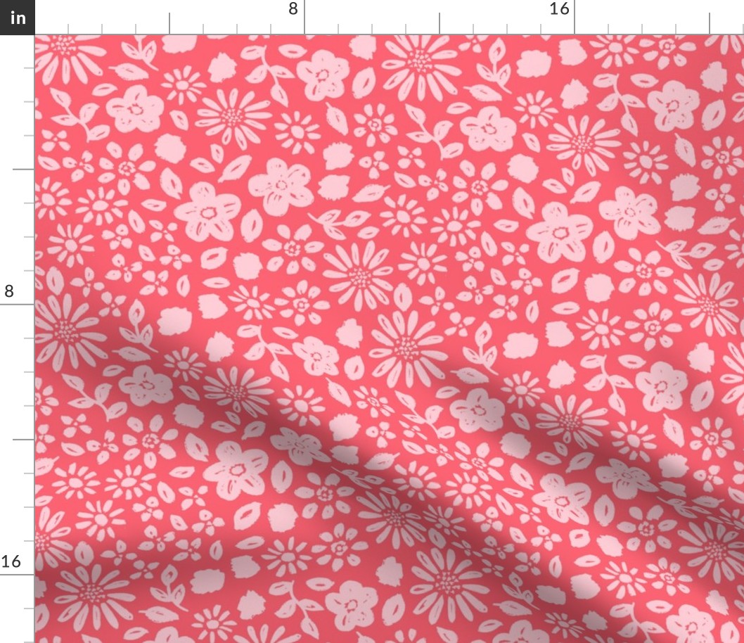 Valentine's Day floral in bright pink on red -MEDIUM SCALE