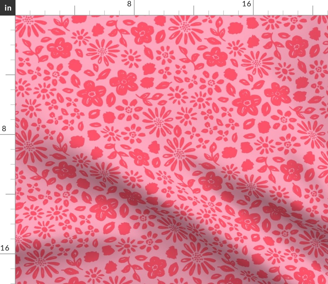 Valentine's Day floral in red on bright pink - MEDIUM  SCALE