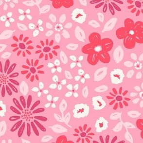 Valentine's Day floral in red, pink, cerise on bubble gum pink - MEDIUM SCALE