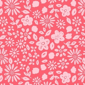 Valentine's Day floral in bright pink on red - EXTRA LARGE SCALE