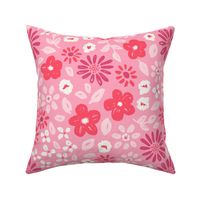 Valentine's Day floral in red, pink, cerise on bubble gum pink - LARGE SCALE