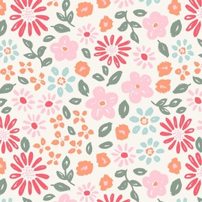 Valentine's Day floral in bright pink on red - LARGE SCALE