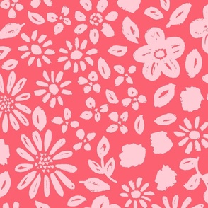 Valentine's Day floral in bright pink on red - EXTRA LARGE SCALE
