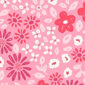 Valentine's Day floral in red, pink, cerise on bubble gum pink - EXTRA LARGE SCALE