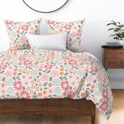 Valentine's Day floral in red, orange, pink, green and blue on cream - EXTRA LARGE SCALE