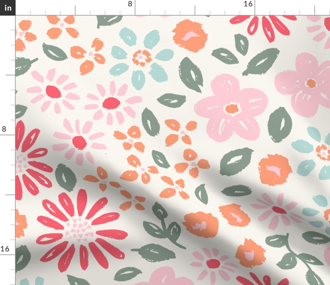 Valentine's Day floral in red, orange, pink, green and blue on cream - EXTRA LARGE SCALE