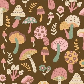 Whimsical fall fungi forest mushrooms in green, pink, mustard and cream on brown - SMALL SCALE