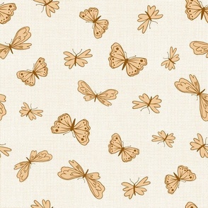Earthy hand drawn butterflies in sand, tan and brown on cream grid texture