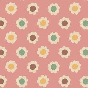 Retro geometric dotted floral in yellow, green, brown on vintage rust pink