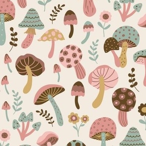 Whimsical fall fungi forest mushrooms in green, pink, mustard and brown on cream - SMALL SCALE