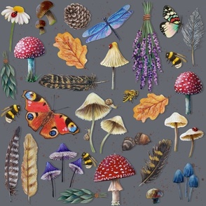 Mushrooms and Insects on GREY (Nature's Garden)