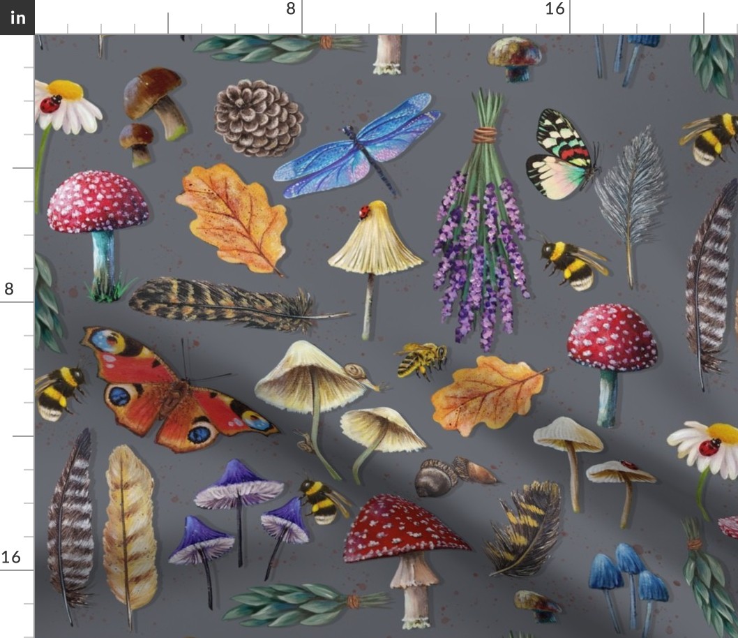 Mushrooms and Insects on GREY (Nature's Garden)