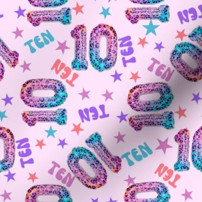 MEDIUM 10 fabric, tenth birthday party fabric bright leopard foil balloon design