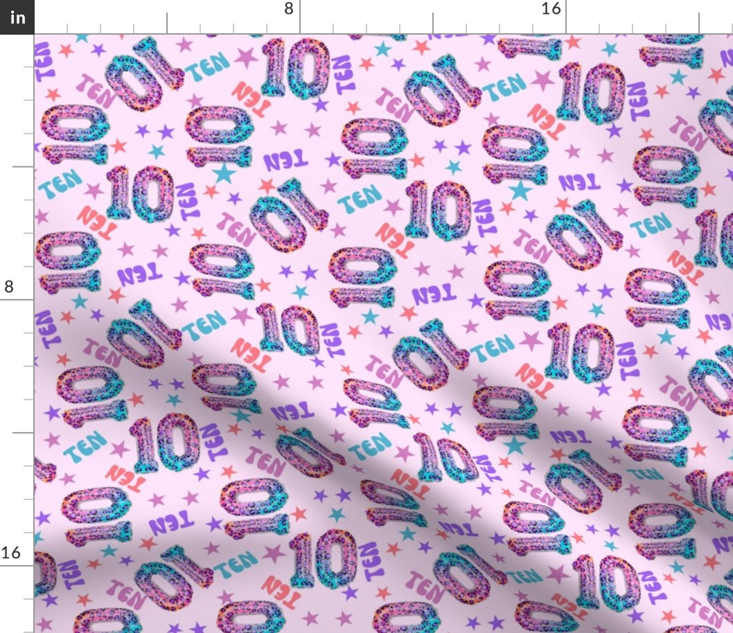 MEDIUM 10 fabric, tenth birthday party fabric bright leopard foil balloon design