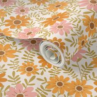 Warm retro vintage floral in blush pink and gold amber yellow - MEDIUM SCALE