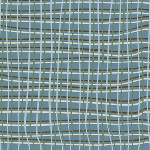 Fall stripes plaid gingham in cream, light blue, green and brown on vintage blue
