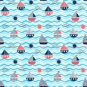 Nautical design with red and blue boats, waves and suns on wavy backgrounds