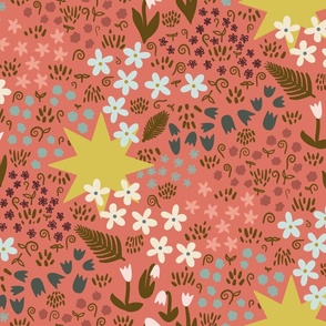spring garden millefleur with mimosa yellow sun on coral pink