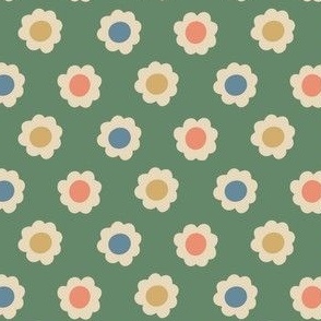 Retro geometric dotted floral in blue and mustard yellow and rust on forest green