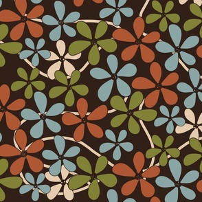 (M) Retro Simple Flowers 70s Colors on Dark Brown
