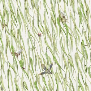 Willow leaves and branches on eggshell white with dragonflies, butterflies and bees