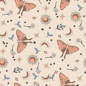 SMALL moth and moon fabric - boho muted design