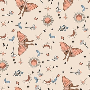 MEDIUM moth and moon fabric - boho muted design