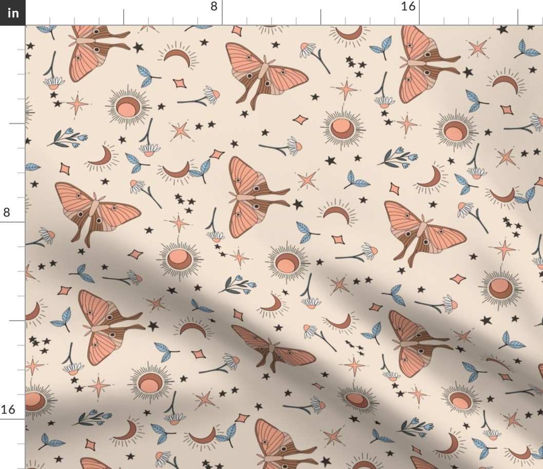 MEDIUM moth and moon fabric - boho muted design