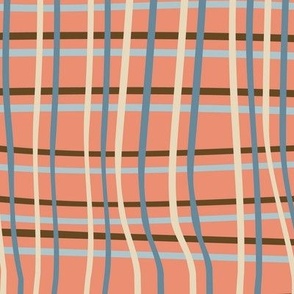 Fall stripes plaid gingham in blue, cream, light blue and brown on rust orange