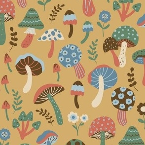 Whimsical fall fungi forest mushrooms in green, blue, cream and rust on mustard yellow - SMALL SCALE