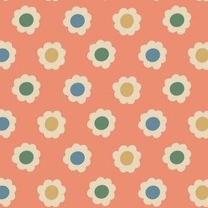 Retro geometric dotted floral in green, blue and mustard on rust