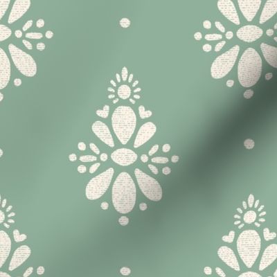 Ornamental batik ikat print in vintage celadon green